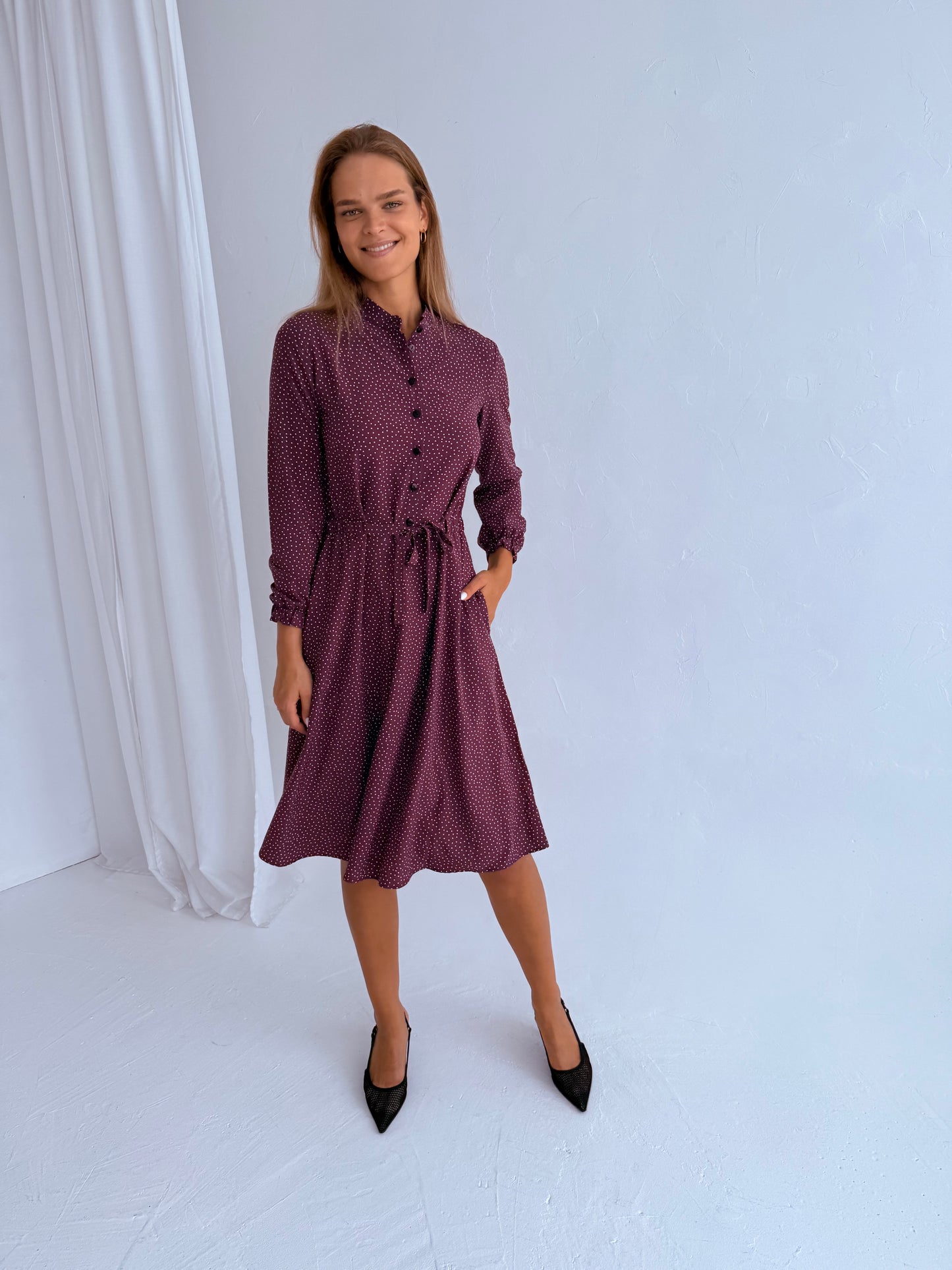 Suknelė CLASSIC. Violetinė su baltais burbuliukais