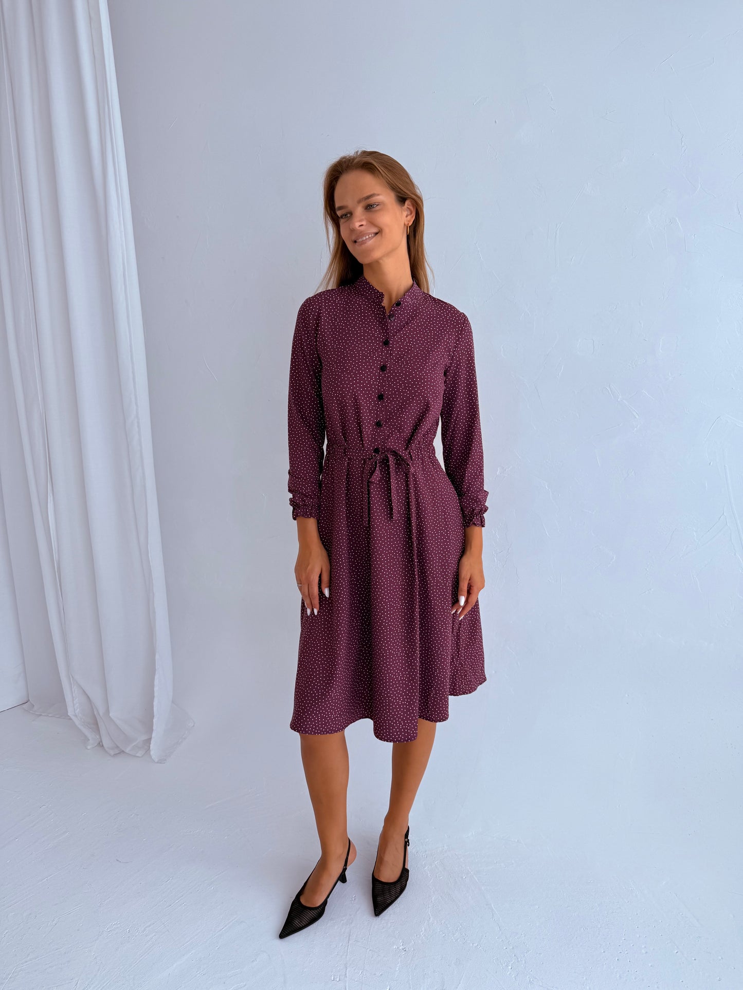 Suknelė CLASSIC. Violetinė su baltais burbuliukais