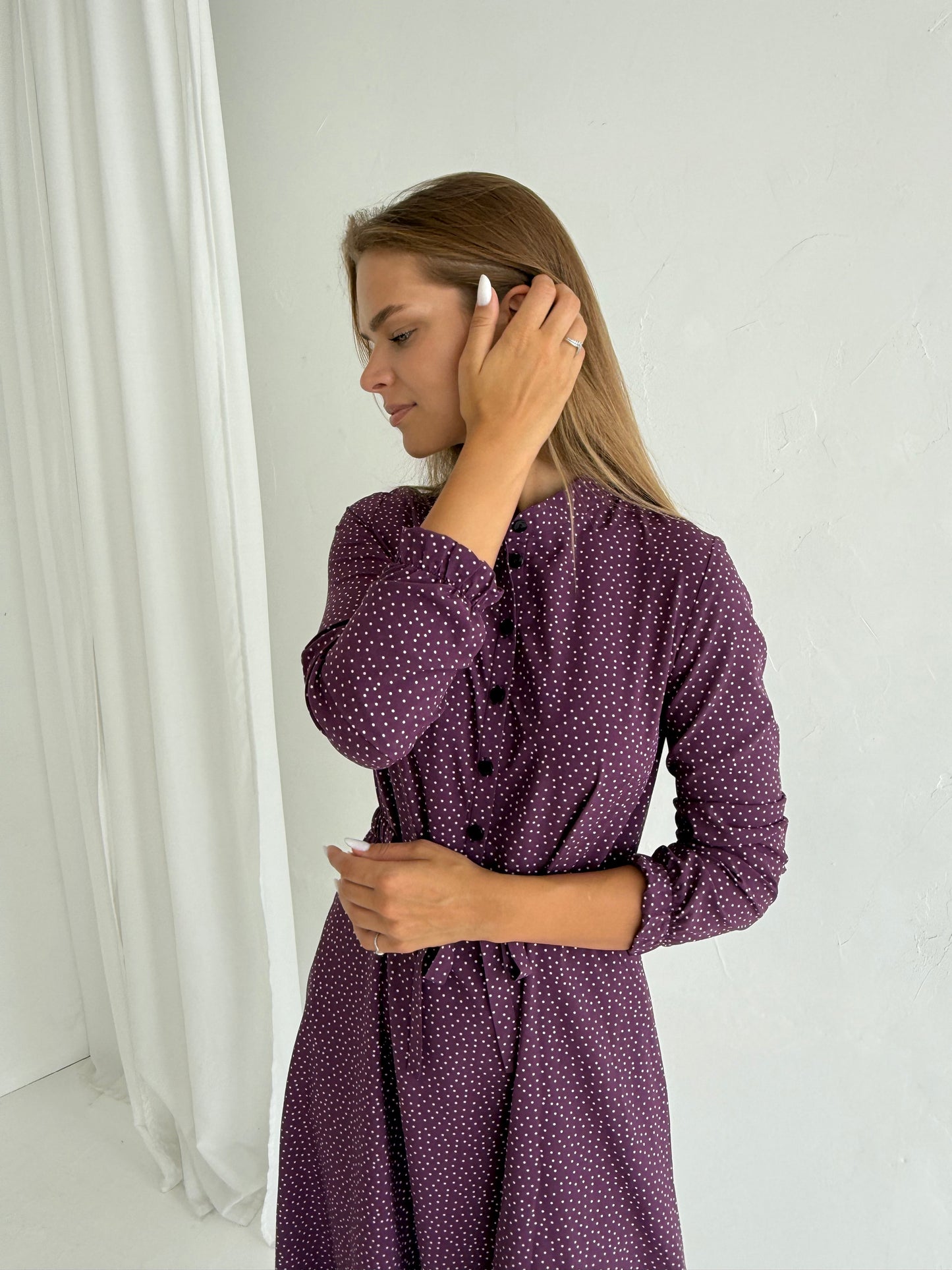 Suknelė CLASSIC. Violetinė su baltais burbuliukais