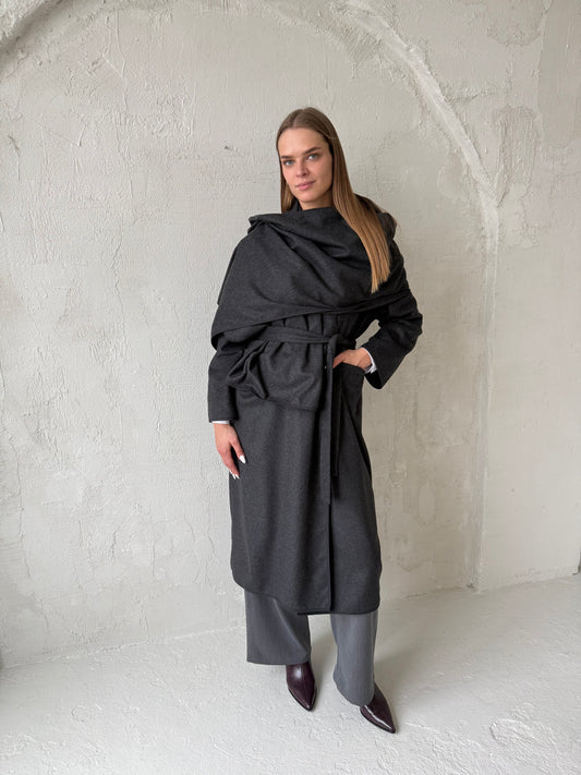 PLONAS PALTAS SU DIDELIU ŠALIKU/SKRAISTE TAMSIAI PILKA